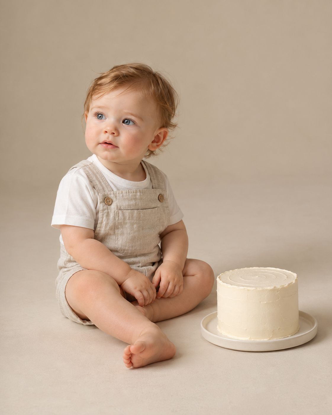 baby beside ivory cake