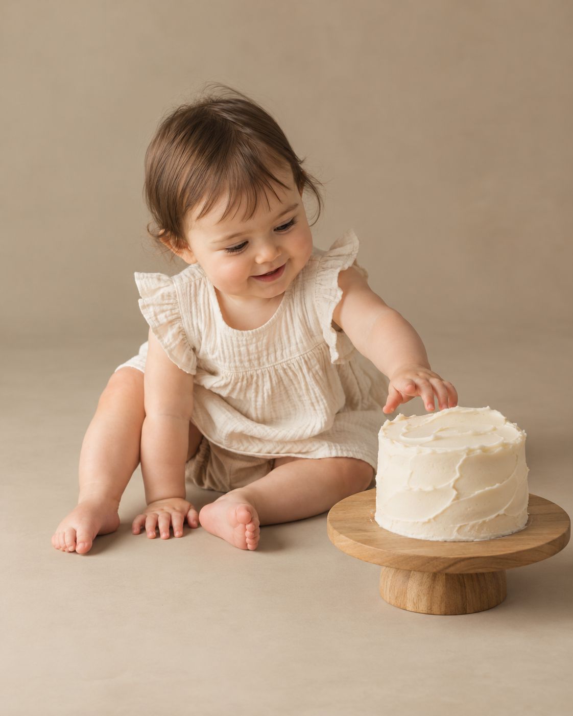 reaching towards cake on oak stand