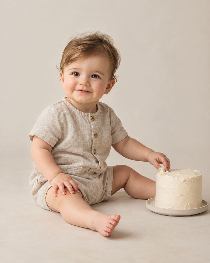 Cake Smash: neutral linen birthday outfit