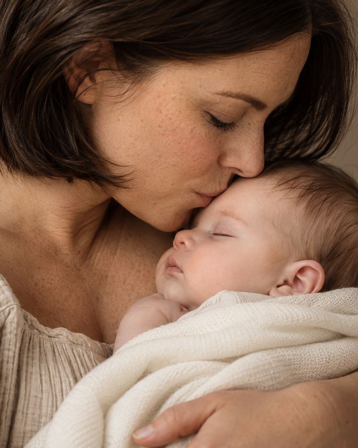 Family: mother kiss forehead