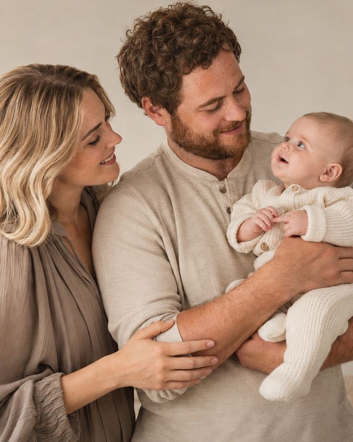 Family: father baby mother embrace