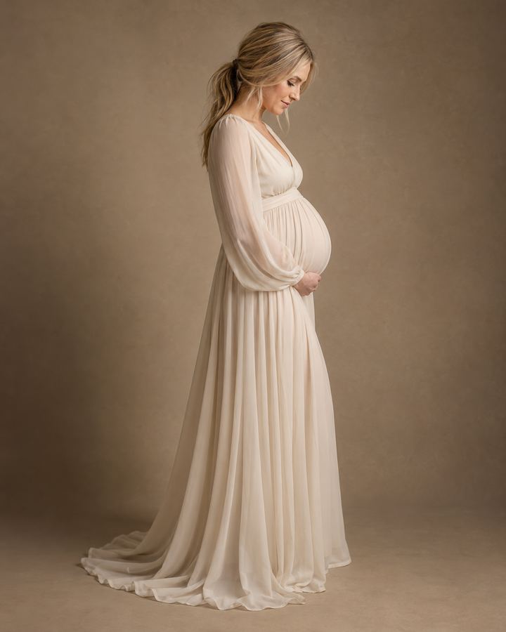 Maternity: side profile flowing cream dress